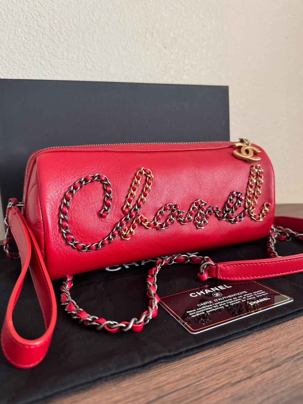 CHANEL Written in Chain Calfskin Leather Crossbody Bag - Picture 1 of 9